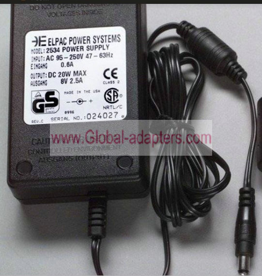 New ELPAC POWER SYSTEMS 2534 Power SUPPLY 8V 2.5A AC Adapter